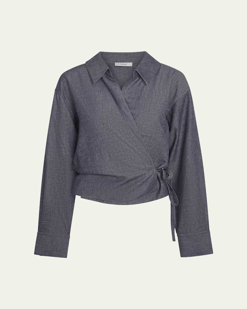 Collared Linen-Blend Wrap Top